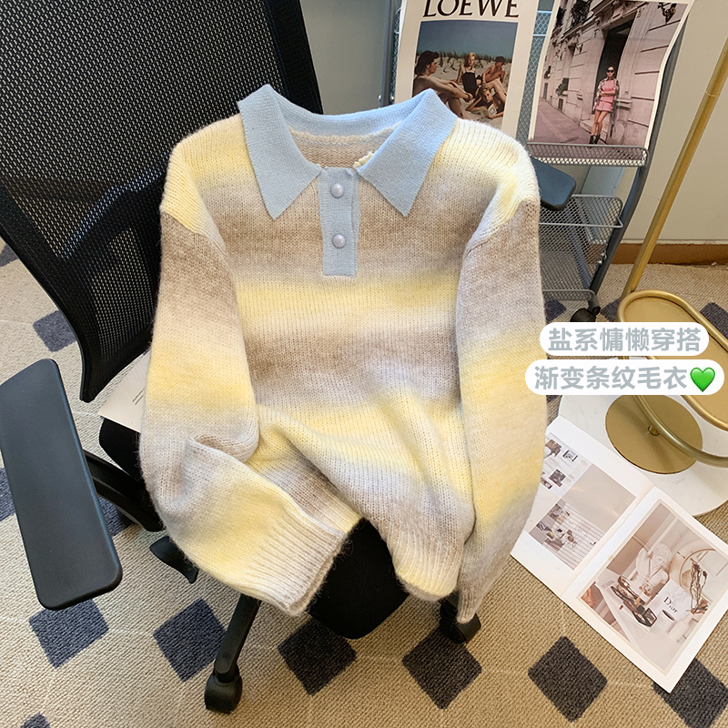 Gradient polo collar lazy style sweater for women autumn and winter 2023 new design niche sweater loose top