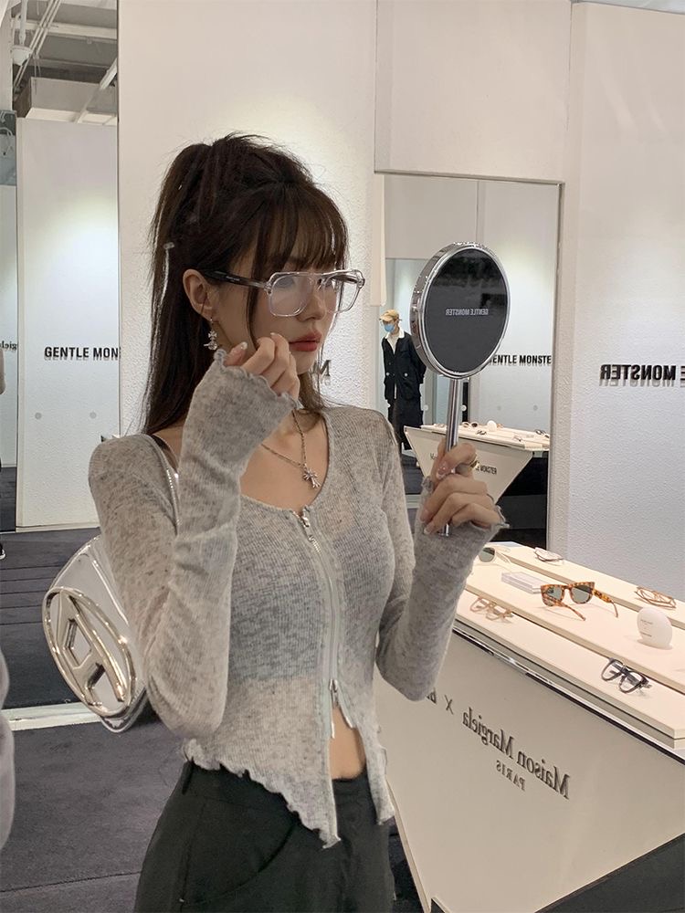 1*1 pit strip autumn new long-sleeved low round neck t-shirt women's design slim cardigan jacket
