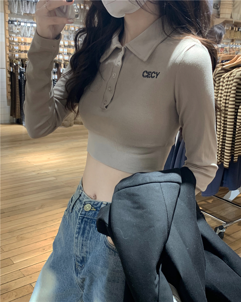 Thread catch hot girl ~ autumn embroidery letters short polo shirt slim fit all-match lapel long-sleeved t-shirt top