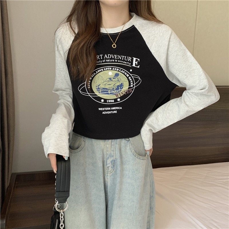 Contrast color raglan loose long-sleeved T-shirt for women spring and autumn outer wear bottoming shirt
