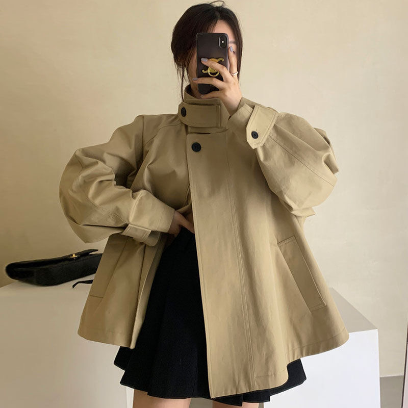 Korean chic autumn retro niche stand-up collar two-button design loose casual long-sleeved windbreaker jacket for women