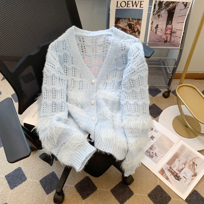2023 new autumn knitted cardigan soft and waxy mink velvet V-neck versatile gentle style sweater for women