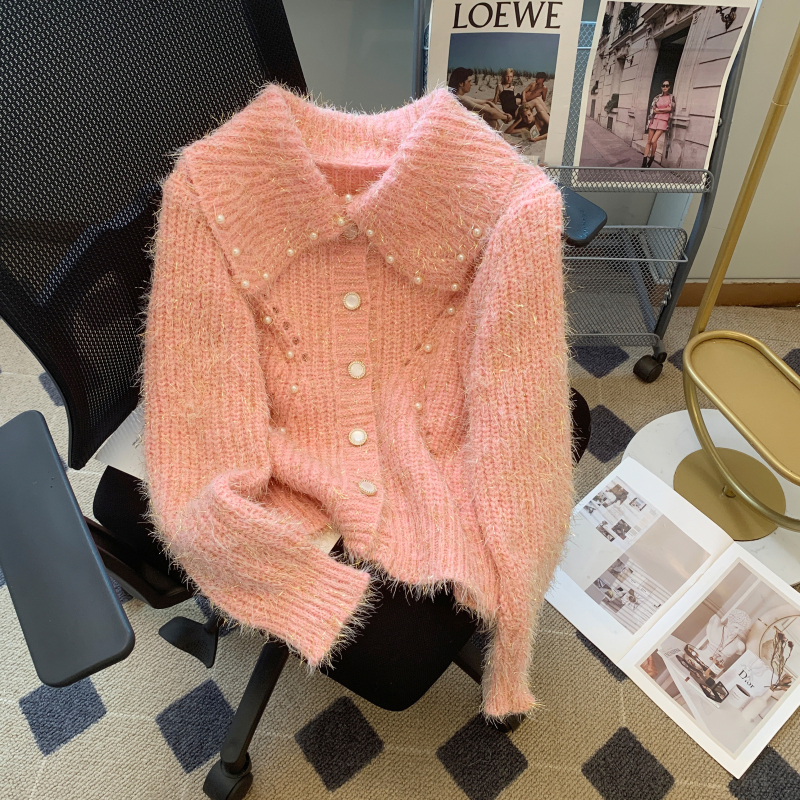 Xiaoxiangfeng French heavy beading doll collar sweater jacket for women autumn and winter high-end chic knitted cardigan top