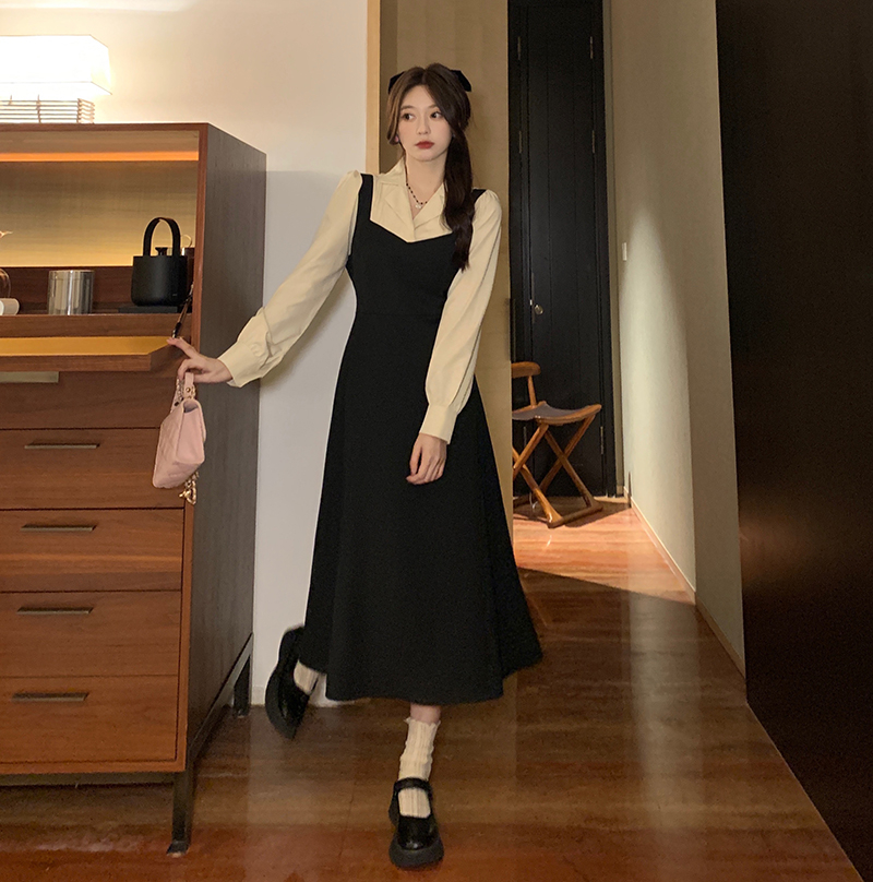 2023 new autumn style contrasting color stitching fake two-piece waist-tie A-line long-sleeved dress