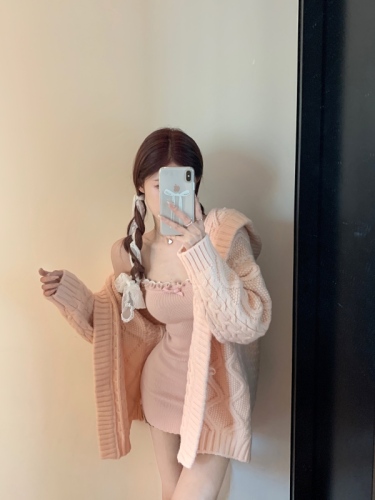 Grapefruit Peach Pink Knit Dress Package Hip Skirt Autumn Heavy Industry Twist Jacket