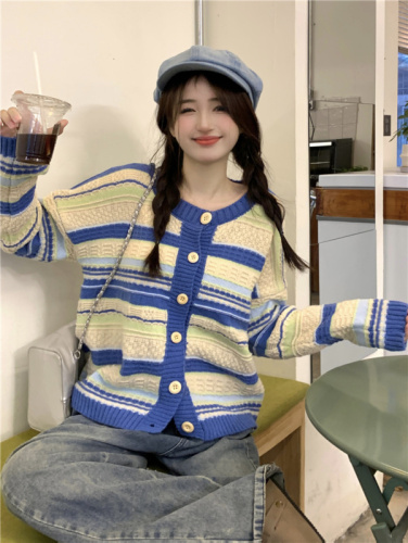 ~Autumn new Korean style loose color contrast striped all-match knitted sweater cardigan jacket for women