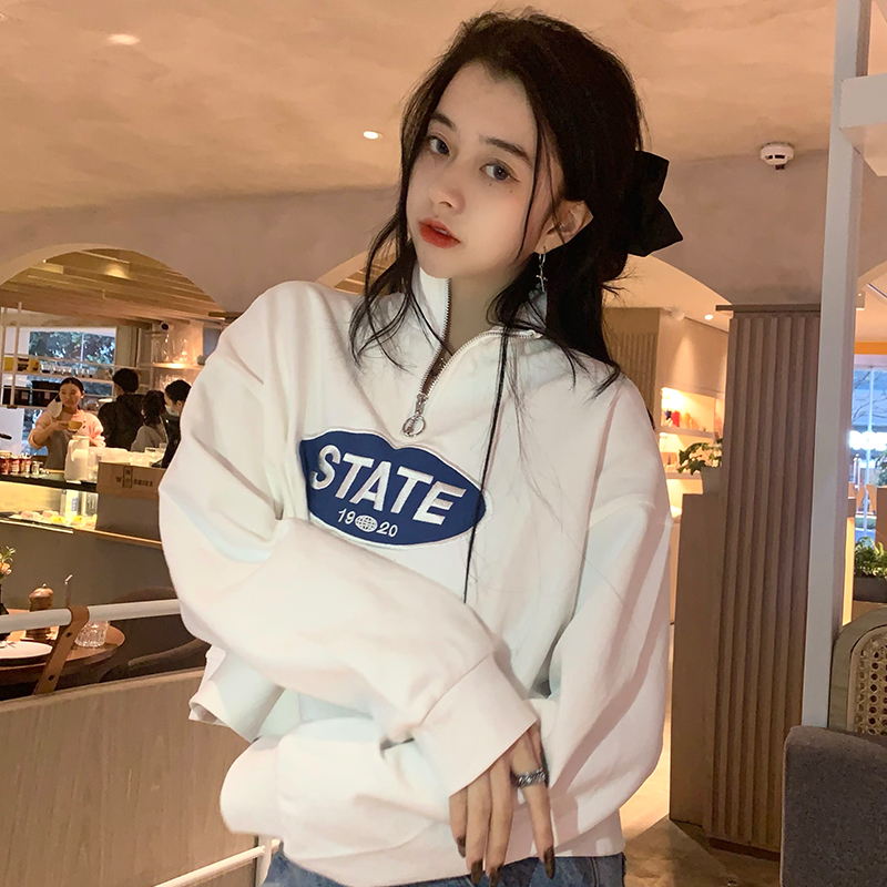 Piqué cotton 250g spring and autumn long-sleeved loose letter embroidered stand collar pullover sweatshirt for women