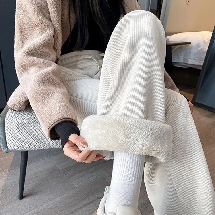 Lambskin thickened velvet wide-leg pants for women autumn and winter high-waisted corduroy loose and slim corduroy casual pants