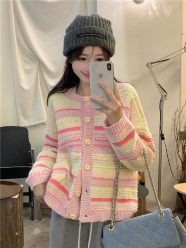 ~Autumn new Korean style loose color contrast striped all-match knitted sweater cardigan jacket for women