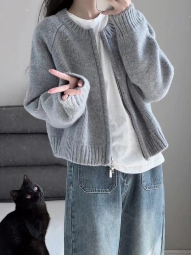 2023 autumn and winter new gray raccoon velvet short zipper sweater jacket retro lazy style outerwear knitted cardigan