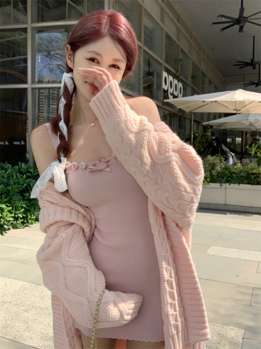 Grapefruit Peach Pink Knit Dress Package Hip Skirt Autumn Heavy Industry Twist Jacket