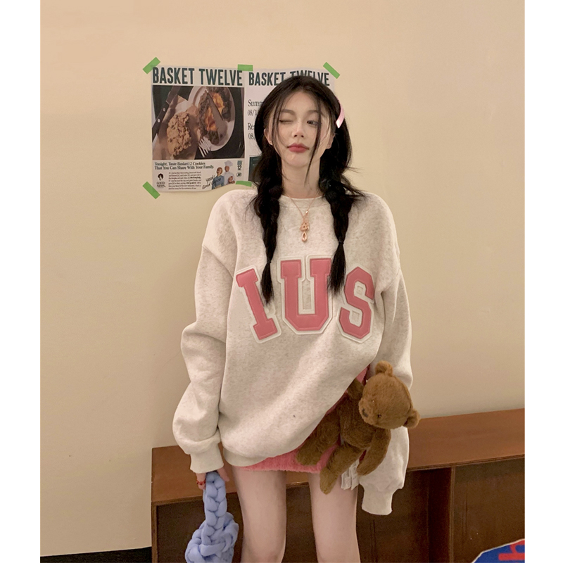 Big Fish Scale 260g 100% polyester thin sweatshirt for women round neck with letter embroidery and back strip