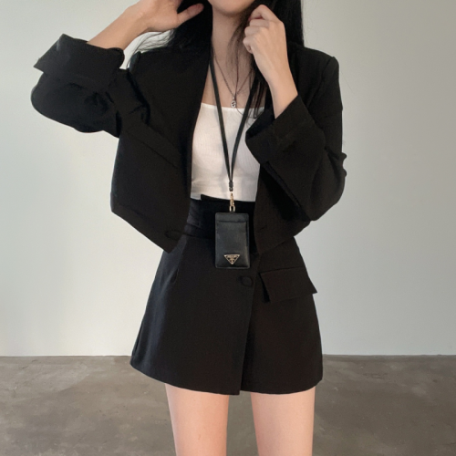 Korean chic spring and autumn retro foreign style long-sleeved short suit jacket + high waist slim skirt suit