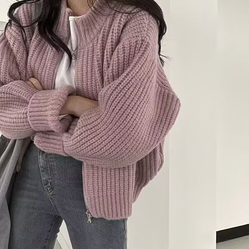 New autumn and winter Korean style lazy style loose outer knitted cardigan women's casual versatile short zipper thick sweater