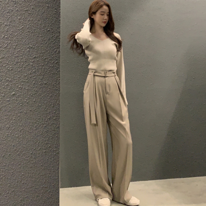 Korean chic retro temperament design high-waist slim drape wide-leg belt floor-length trousers casual trousers
