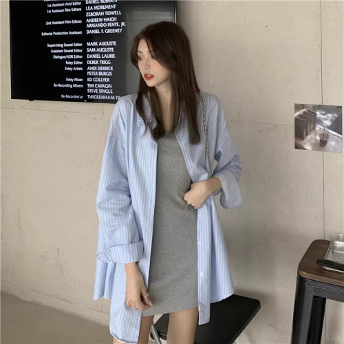 Two-piece suit Korean style female spring and summer student loose POLO striped shirt + gray suspender dress trend