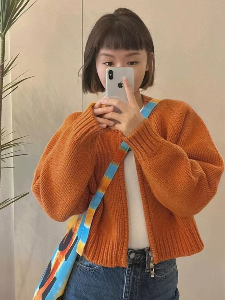 2023 autumn and winter new gray raccoon velvet short zipper sweater jacket retro lazy style outerwear knitted cardigan