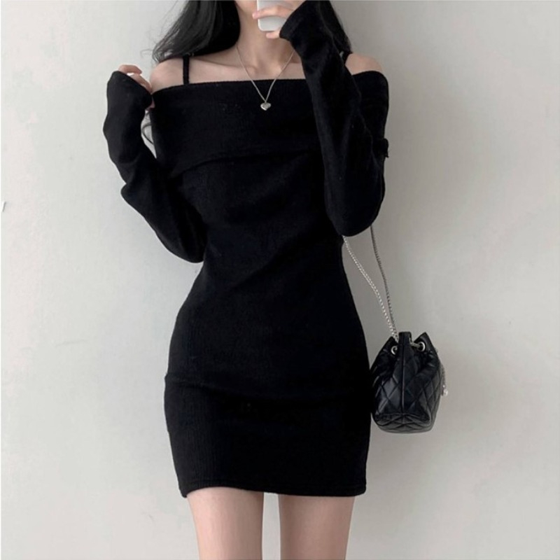 Korean chic autumn and winter small sexy off-the-shoulder sling lapel slim-fit ribbed knit dress bag hip skirt