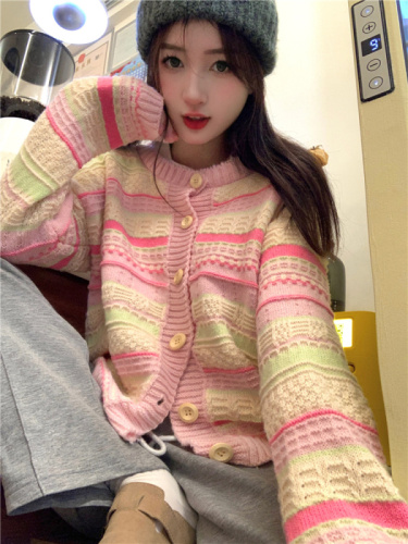 ~Autumn new Korean style loose color contrast striped all-match knitted sweater cardigan jacket for women