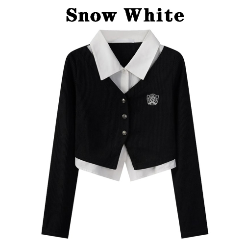 Snow White solid color polo collar right shoulder long sleeve t-shirt women's spring and autumn college style fake two-piece short top