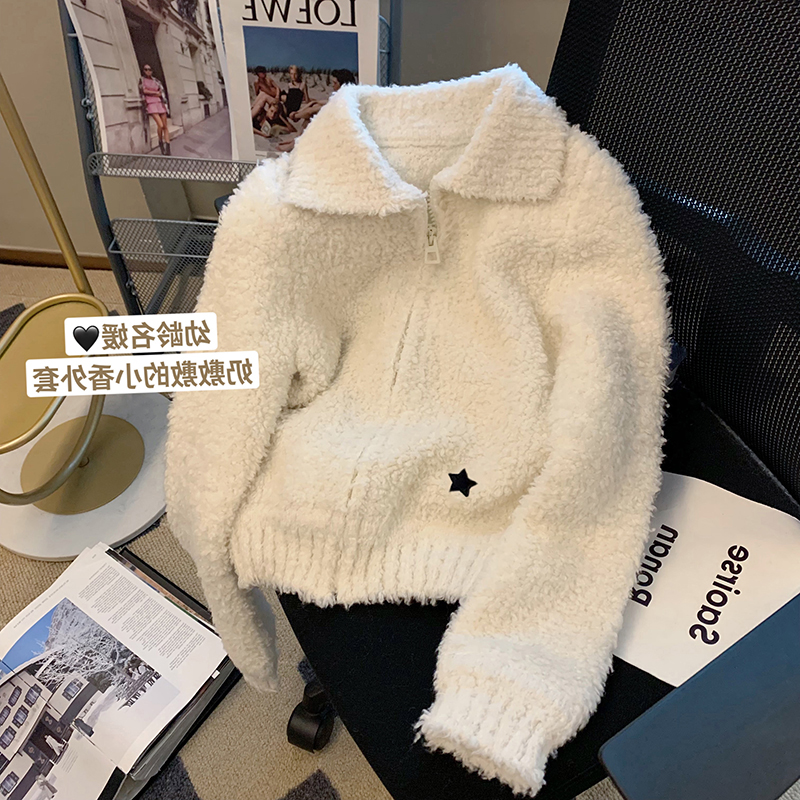 White furry lapel knitted jacket for women in autumn new fashion age-reducing style zipper sweater cardigan