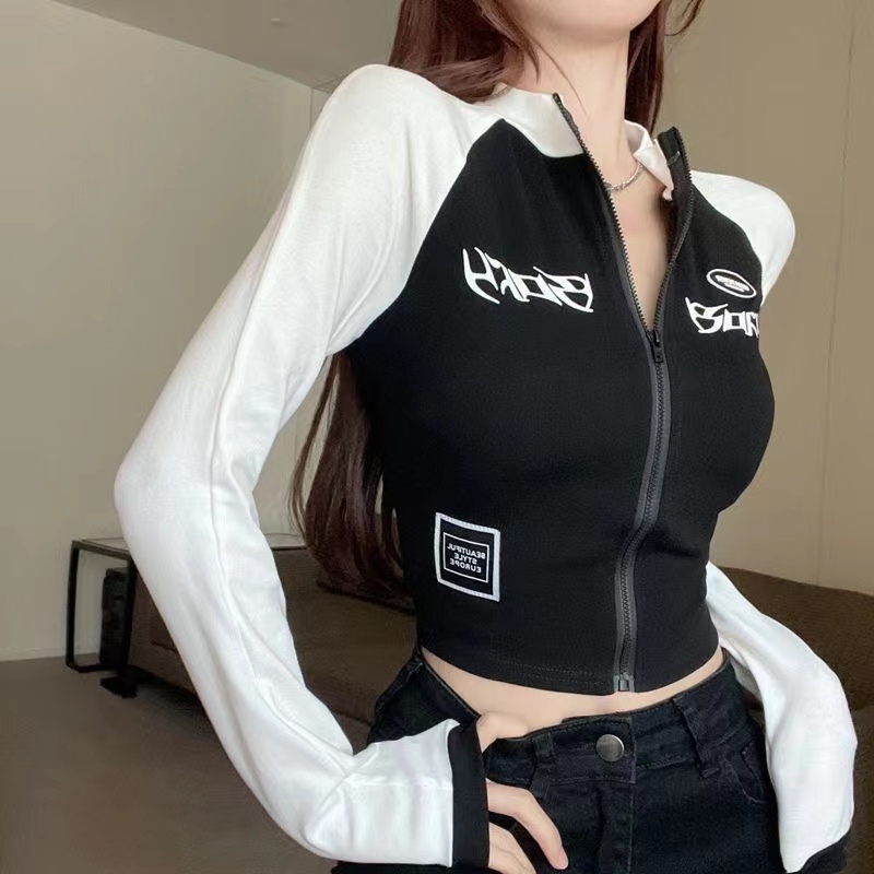 2023 early autumn new long-sleeved T-shirt women's pure desire slim design zipper contrast hot girl top trend