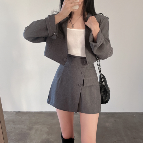 Korean chic spring and autumn retro foreign style long-sleeved short suit jacket + high waist slim skirt suit