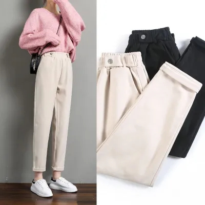 Autumn and winter woolen carrot pants for women, loose slimming straight casual pants, high-waisted harem pants, nine-point granny pants