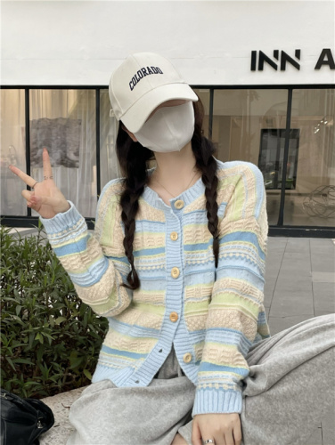 ~Autumn new Korean style loose color contrast striped all-match knitted sweater cardigan jacket for women