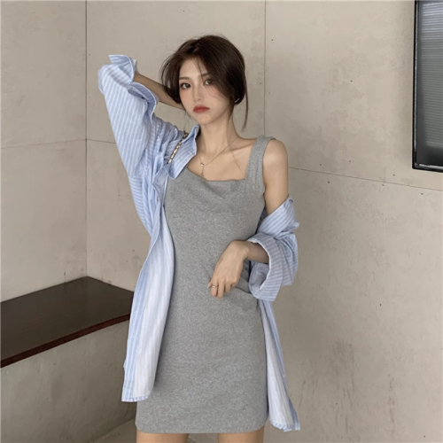 Two-piece suit Korean style female spring and summer student loose POLO striped shirt + gray suspender dress trend