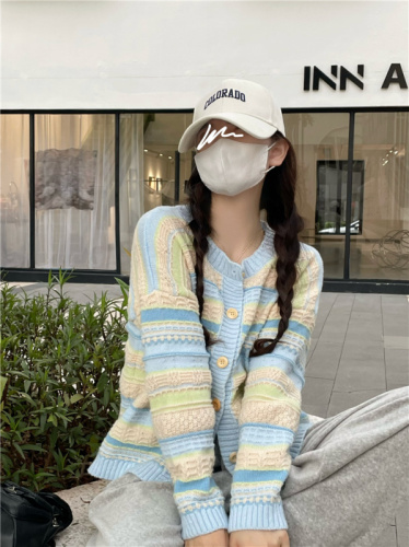 ~Autumn new Korean style loose color contrast striped all-match knitted sweater cardigan jacket for women