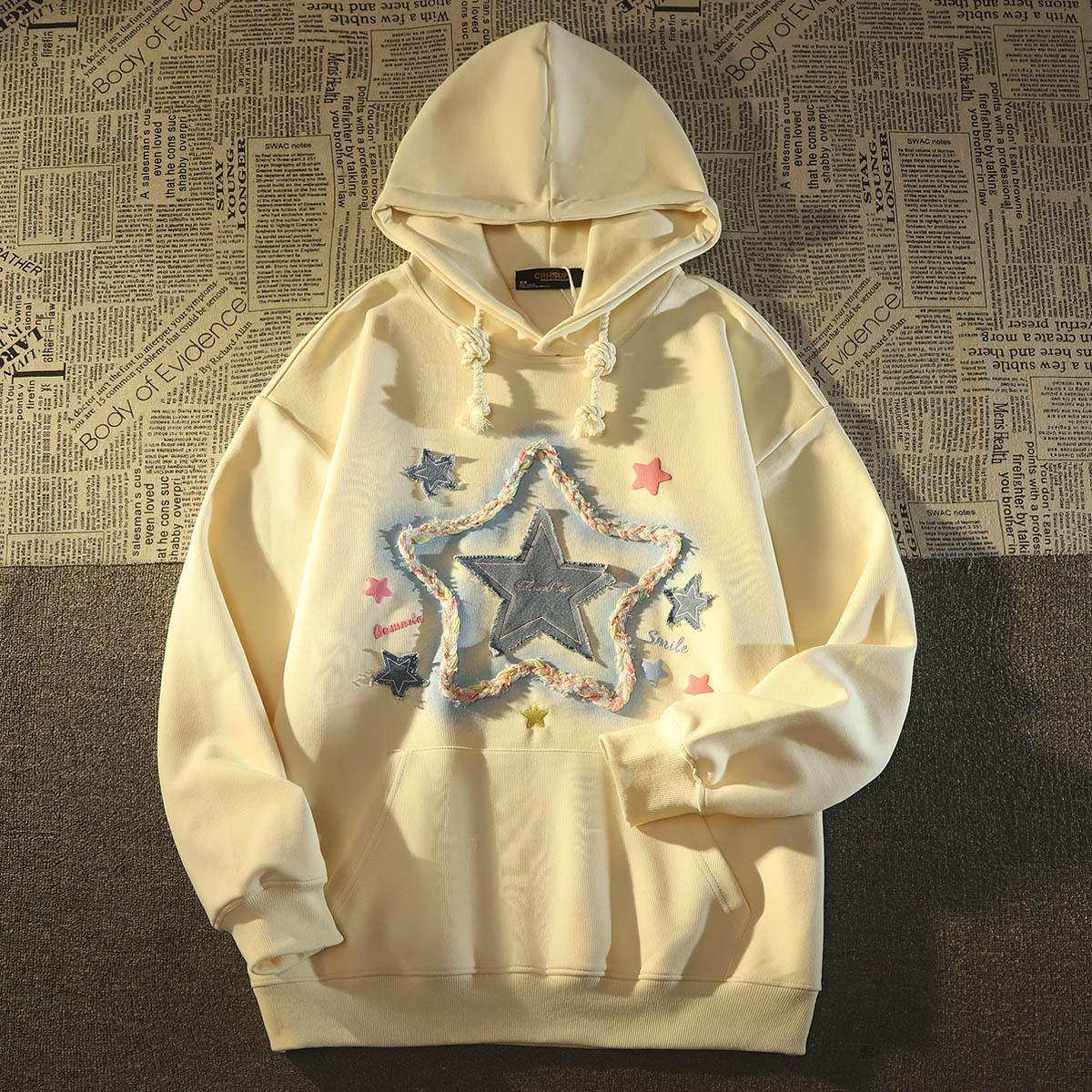310 grams Chinese cotton polyester milk silk double hooded back collar + original pattern star embroidery hooded sweatshirt for women thin