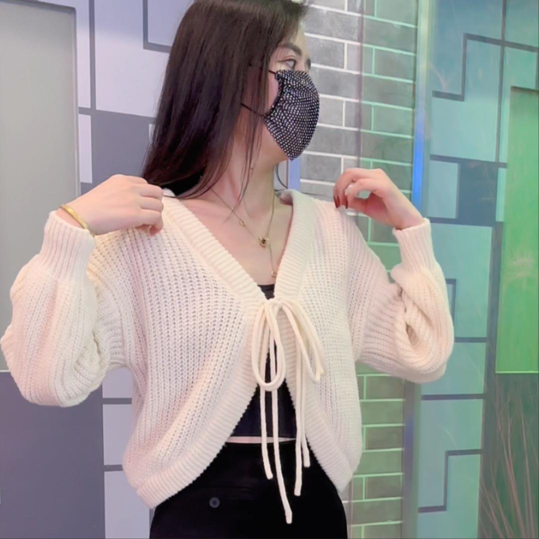 Knitted sweater for women early autumn new niche lace-up lantern sleeve top cardigan short jacket