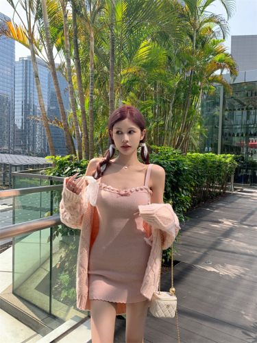 Grapefruit Peach Pink Knit Dress Package Hip Skirt Autumn Heavy Industry Twist Jacket