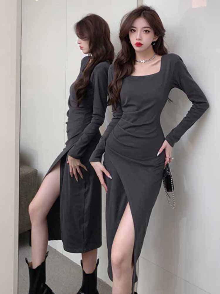 Square neck long-sleeved dress for women 2023 spring new autumn slim-fitting slim waist high-end split skirt trendy
