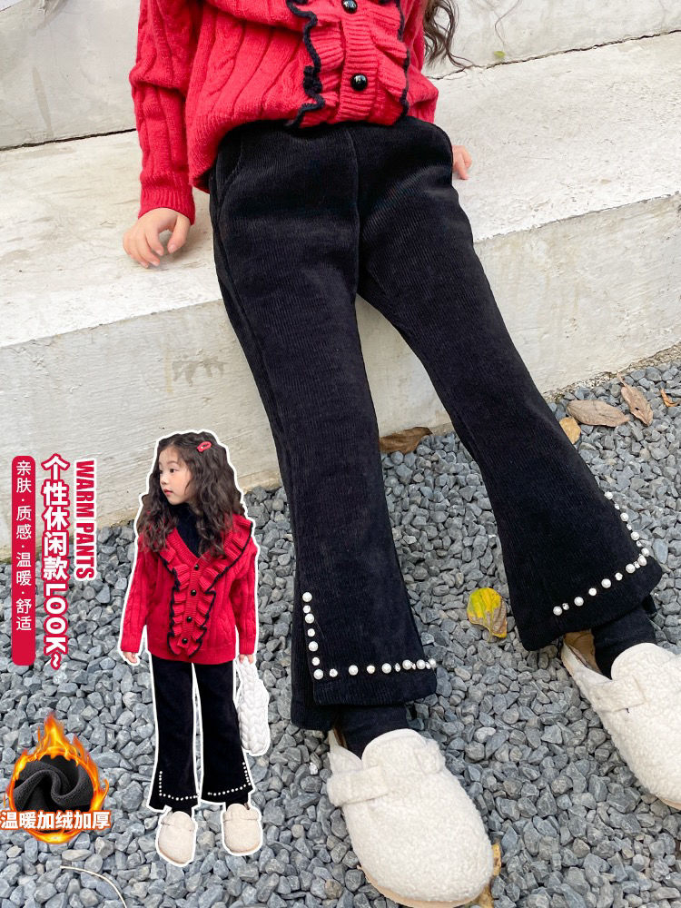 Girls' fleece pants autumn 2023 new style children's small fragrant slightly flared pants girls' fashionable slit casual pants