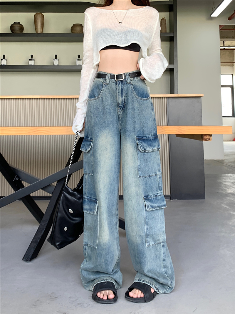 ~New design pocket high street jeans women's high waist slimming wide leg workwear floor mopping trousers