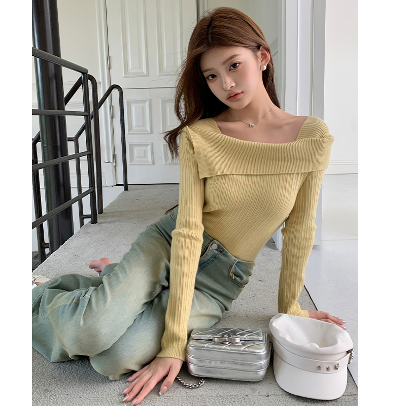 French one-shoulder knitted bottoming sweater 2023 autumn and winter new style high-end chic underwear bottoming shirt