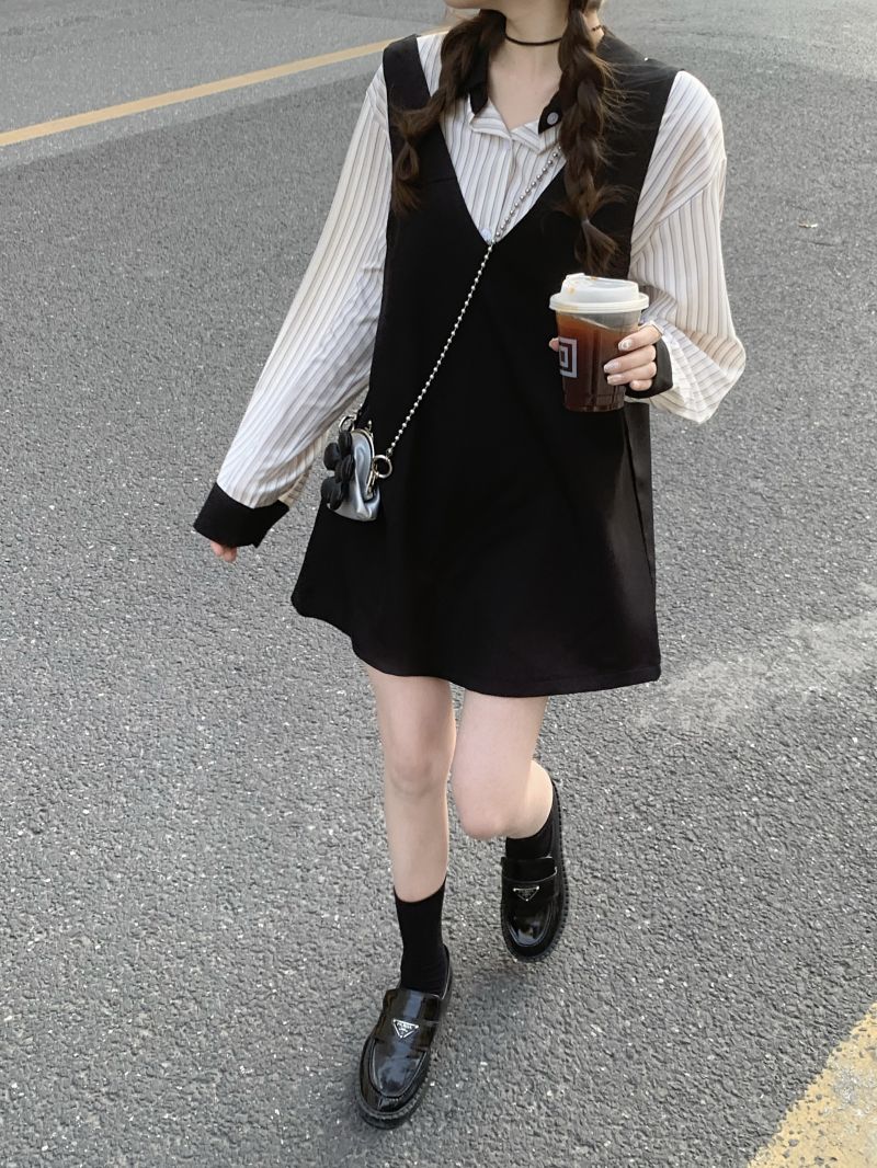 Three-label patchwork striped shirt + pocket vest suspender skirt two-piece set