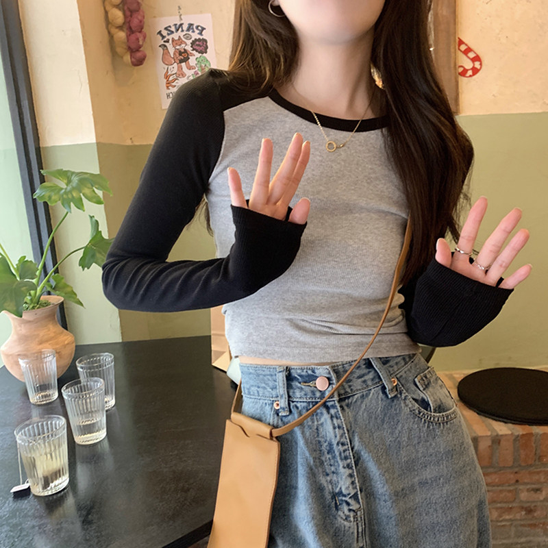 Contrast color inner bottoming shirt top women's autumn new slim fit sweet girl outer wear long-sleeved T-shirt
