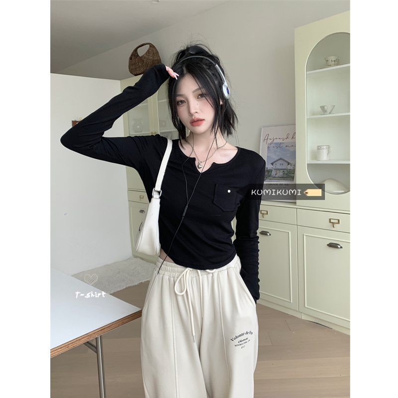 -90 fiber 10 spandex double-sided German velvet autumn brushed T-shirt for women long-sleeved pocket bottoming shirt for women