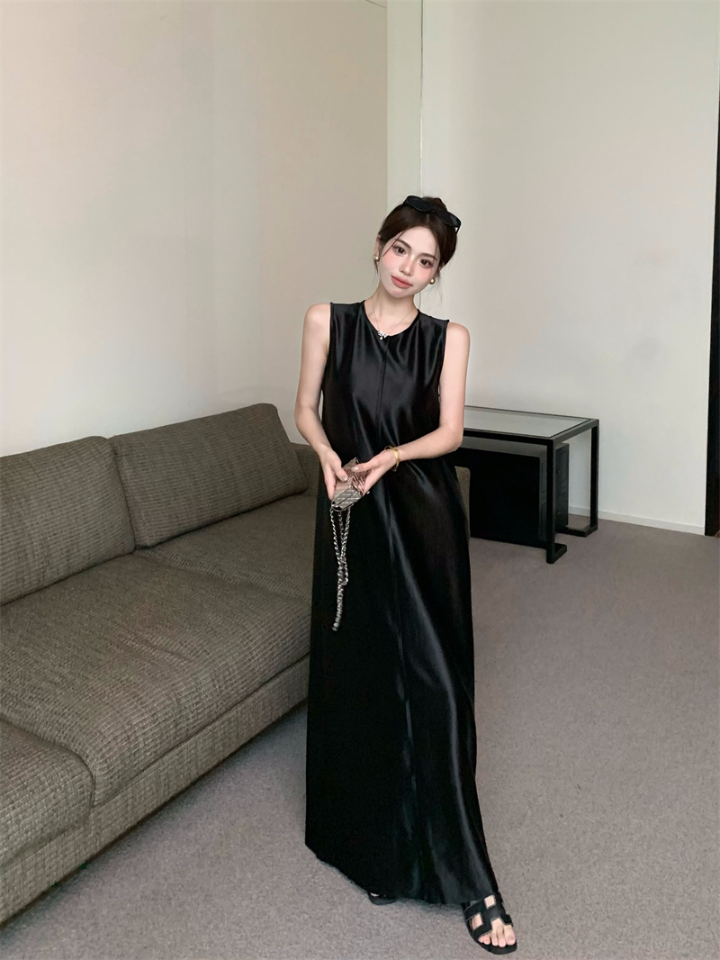 French style sleeveless solid color versatile long A-line skirt satin long skirt bottoming dress