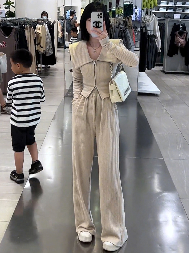 2023 new autumn and winter baby collar fashion suit women's slim slim lapel jacket casual wide-leg pants two-piece set