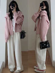 Early autumn design niche pink hooded zipper sweatshirt jacket for women spring and autumn 2023 new style for small people