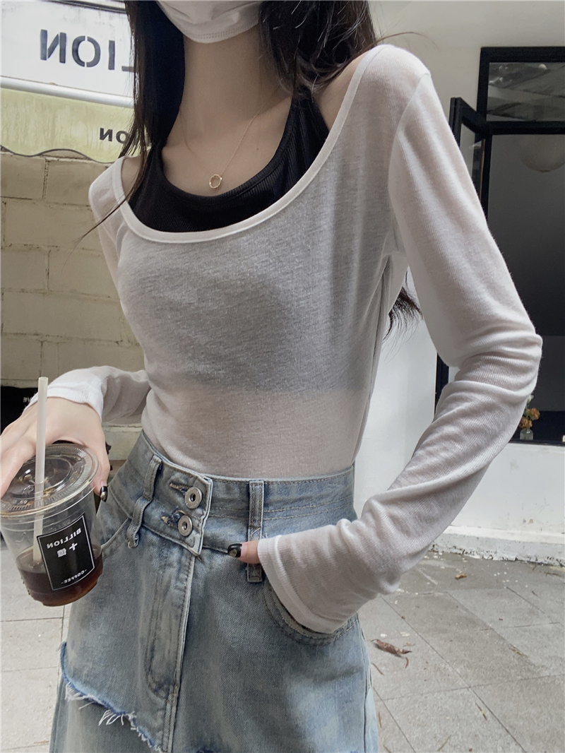 Early autumn slimming fake two-piece long-sleeved T-shirt contrasting color splicing thin top