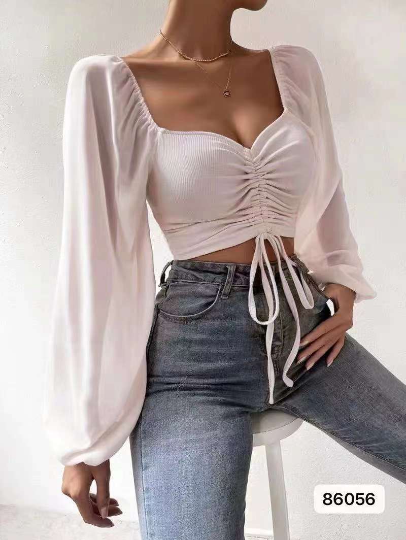 2023 early autumn new sexy European and American style V-neck drawstring chiffon splicing modified slimming long-sleeved sweater for women