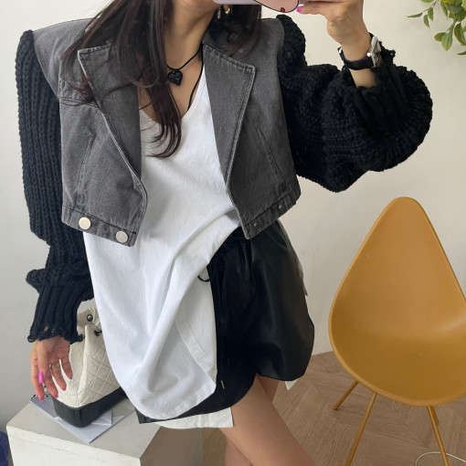Woolen sleeve patchwork short coat