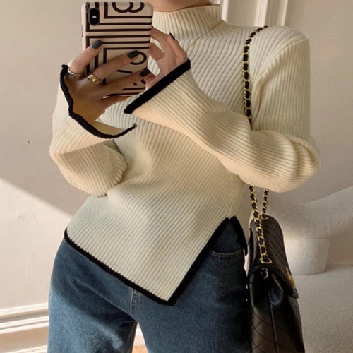 Irregular knitted top  new design niche lazy style early spring turtleneck sweater for women autumn and winter