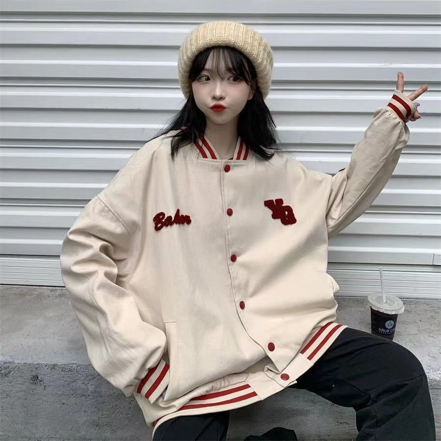 Apricot black baseball jacket female 2023 spring and autumn new vintage jacket top coat