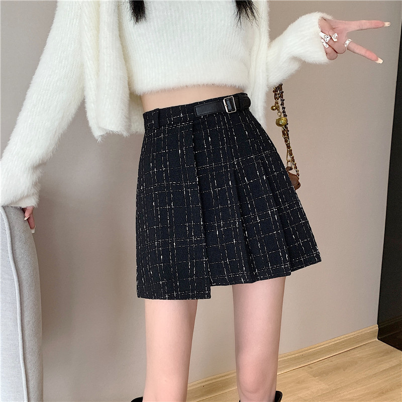 2023 Irregular Plaid Pleated Skirt Women's Autumn and Winter New Style Small Fragrance Style High Waist A-Line Skirt
